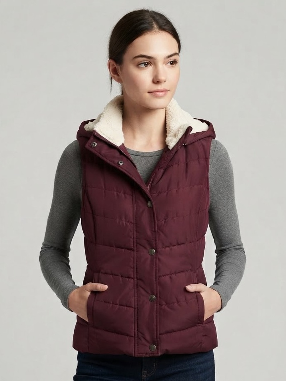 AEROPOSTALE Quilted Hooded Vest With Sherpa Lining XS 17.5” p2p Burgundy EUC